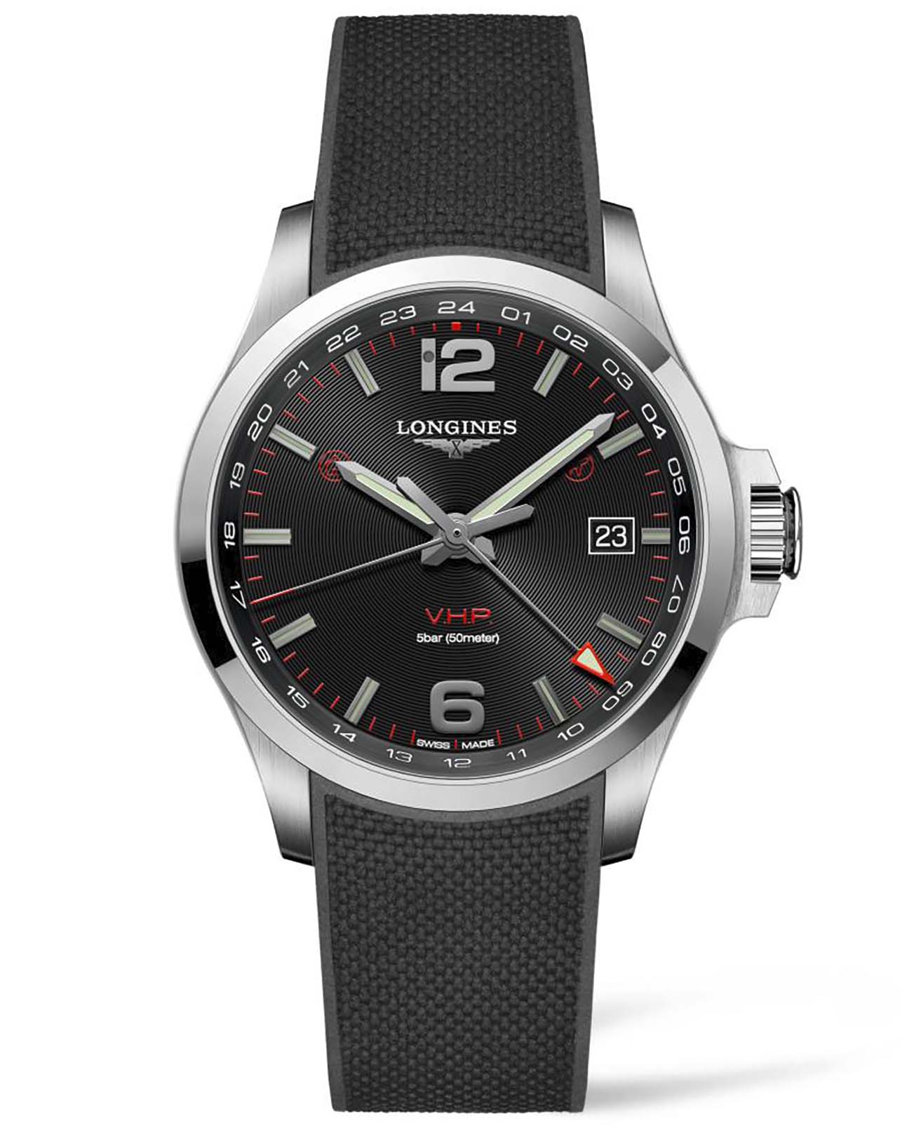 Longines Longines Conquest V.H.P. L3.728.4.56.9  L37284569 кварцевые мужские часы черный циферблат, браслет каучук — вид спереди